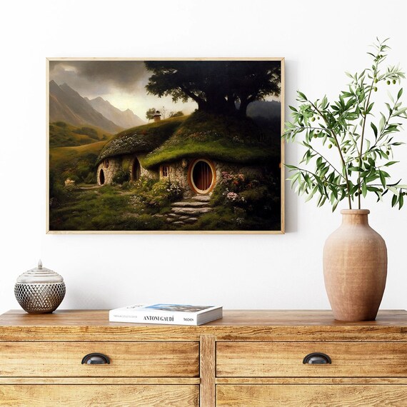 The Shire Oil Painting Print. Hobbitcore Decor. Hobbit Hole Landscape Poster. Halfling House Wall Art. Cozy Earth Home Print. Physical Print