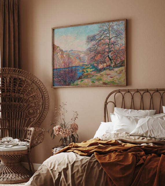 Guillaumin Autumn Mountain Lake Art Print Poster, Vintage Impressionist Oil Painting, Aquamarine Icy Blue Bubblegum Blush Pink Wall Decor