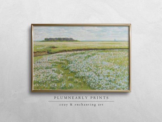 Alberts Vast Summer Landscape Oil Painting Digital Art Print, Impressionist Wildflower Meadow Scene, Light Green Cottagecore Nature Wall Art