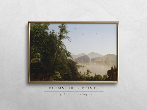 Forest Mountain Landscape Oil Painting Digital Art Print, Classic Trees Along the Hudson Kensett, Elegant Neutral Green Vintage Home Decor