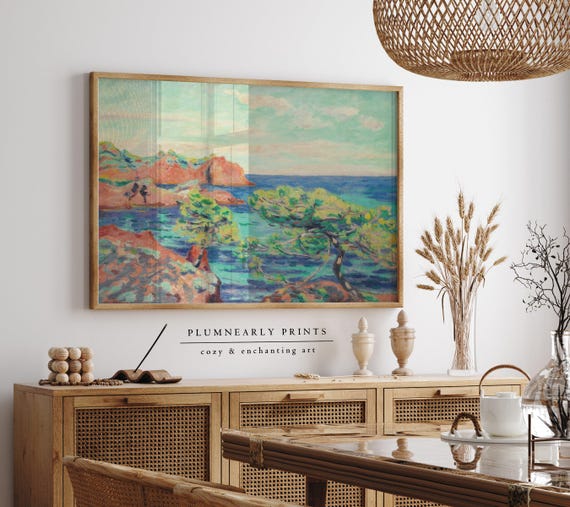 Guillaumin Coastal Cliffs Oil Painting Art Print Poster, Maximalist Aquamarine Ocean Sea Blue Tangerine Orange Chartreuse Green Wall Decor