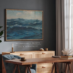 Ozeanwellen Landschaft Ölgemälde Kunstdruck Poster, Blaues Meer Kunstwerk Segeln Meerlandschaft Küsten Dekor, Vintage Strandhaus Wasserwandkunst