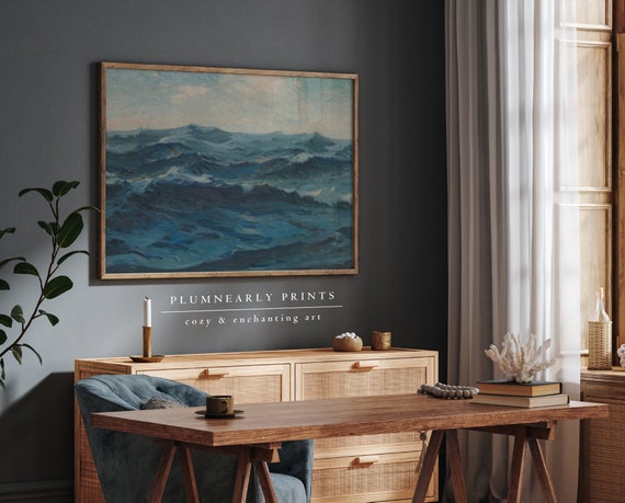 Ocean Waves Landscape Oil Painting Art Print Poster, Blue Sea Artwork Sailing Seascape Coastal Decor, Vintage Beach House Nautical Wall Art