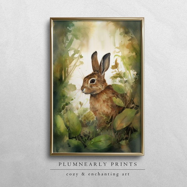 Woodland Rabbit Painting Digital Art Print, Watercolor Easter Bunny Wall Art, Rustic Rabbit Nature Print, Spring Cottagecore Home Decor