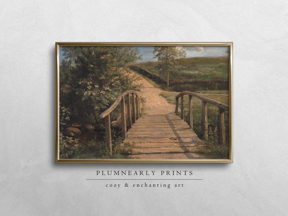 Dreyer Old Country Bridge Landscape Digital Art Print, Vintage Antique Rustic Farmhouse Oil Painting, Neutral Sage Green Taupe Wall Decor