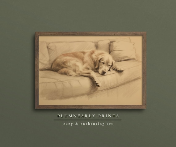 Dog Drawing Art Print Poster, Golden Retriever Sketch, Beige Wall Art, Dog Drawing Print, Pet Lover Home Decor, Warm Tone Living Room Art