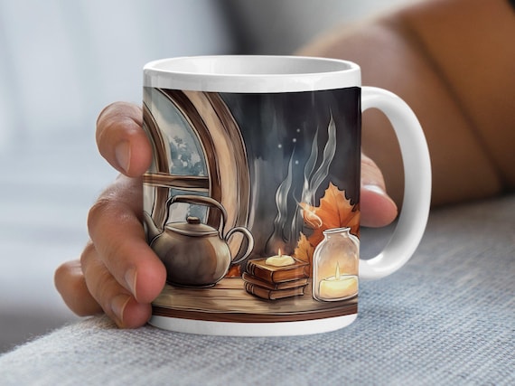 Cozy Autumn Night Hobbit Bookshelf Scene Mug, Fall Leaves Pumpkin Tea Kettle Mug, Warm and Inviting Fall Decor Coffee Cup, Unique Gift Idea