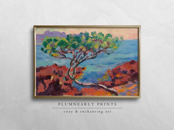 Guillaumin Fauvist Coastal Tree Painting Digital Art Print, Vintage Maximalist Beach House Sea Blue Chartreuse Green Cinnamon Red Wall Decor