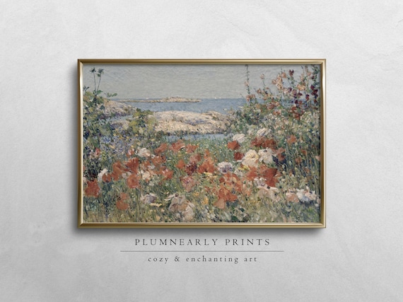 Wildflower Field by the Sea Oil Painting Digital Art Print, Muted Nature Scene Artwork, Impressionist Landscape, Neutral Coastal Wall Decor