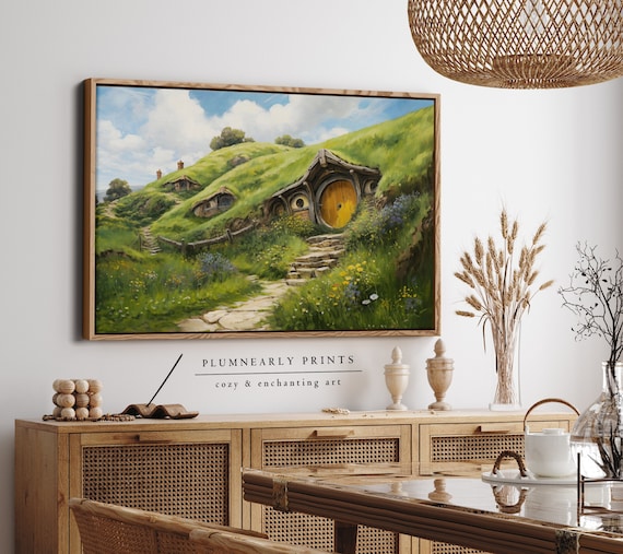 Hobbit House Painting Framed Canvas Art, The Shire Wall Art, Hobbitcore Fantasy Landscape Home Decor, Whimsical Canvas Fantasy Lovers Gift