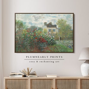 Monet French Cottage Garden Landscape Oil Painting Framed Canvas, Impressionist English Country Wall Decor, Vintage Floral Cottagecore