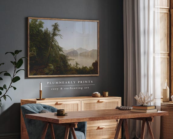 Forest Mountain Landscape Oil Painting Art Print Poster, Classic Trees Along the Hudson Kensett, Elegant Neutral Green Vintage Home Decor