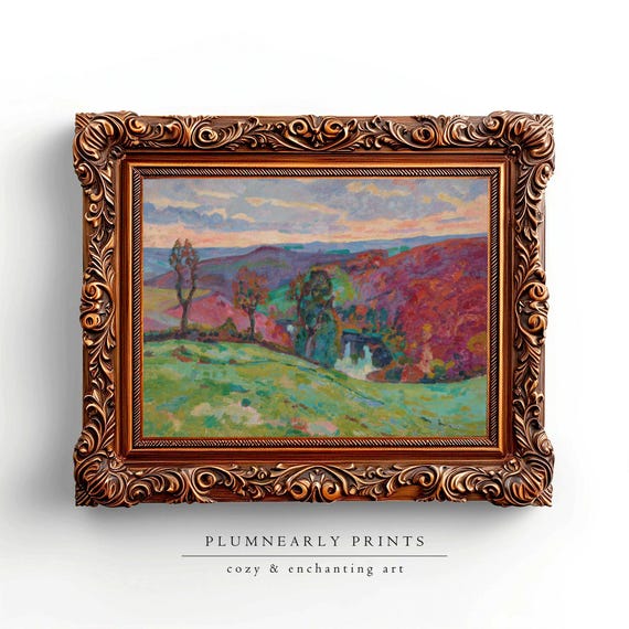 Guillaumin Vibrant Autumn Hill Landscape Art Print Poster, Bold Chartreuse Green Cherry Red Periwinkle Mauve Fig Purple Painting Wall Decor