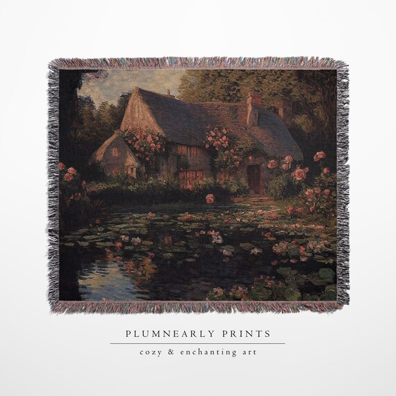 English Cottage Oil Painting Woven Throw Blanket, Cottagecore Home Decor, Vintage Warm Cozy Wall Tapestry, Romance Reader Gift, Throw Pillow