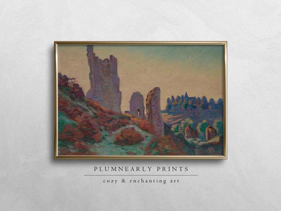 Guillaumin Castle Ruins Landscape Oil Painting Digital Art Print, Knightcore Castlecore Buttercream Sunset Yellow Aquamarine Cinnamon Decor