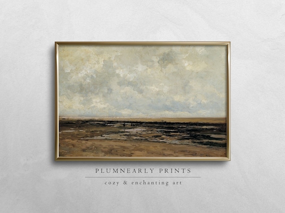 Beach Landscape Oil Painting Digital Art Print, Vintage Rustic Lake Nature Wall Art, Antique Seaside Farmhouse Decor, Neutral Ocean Artwork