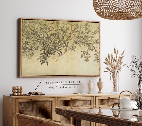 Shirlaw Apple Tree Watercolor Painting Framed Canvas, Vintage Botanical Illustration, Asian Inspired Home Decor, Neutral Nature Artwork
