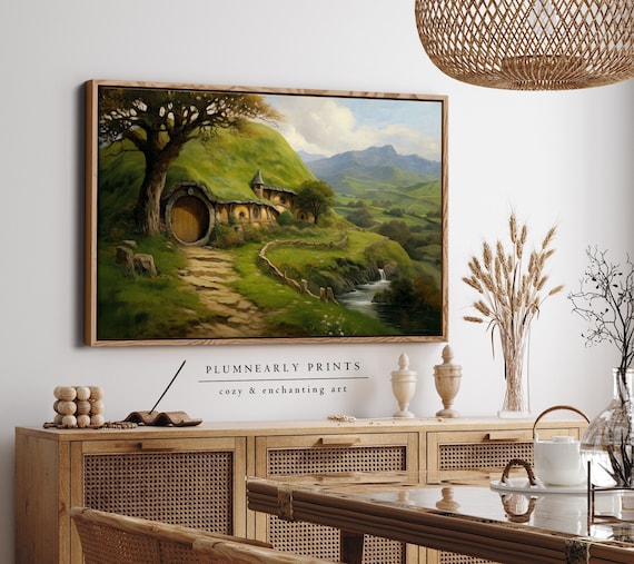 Hobbit House Oil Painting Framed Canvas Art, Shire Landscape Wall Art, Nature Countryside Home Decor, Fantasy Book Lover Geek Gift Idea