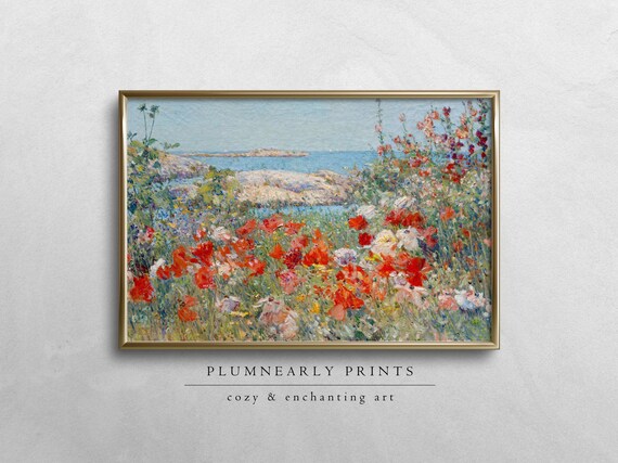 Wildflower Field by the Sea Oil Painting Digital Art Print, Seaside Impressionist Coastal Landscape, Vibrant Maximalist Beach Wall Decor