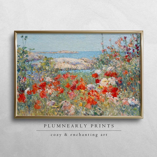 Wildflower Field by the Sea Oil Painting Digital Art Print, Seaside Impressionist Coastal Landscape, Vibrant Maximalist Beach Wall Decor