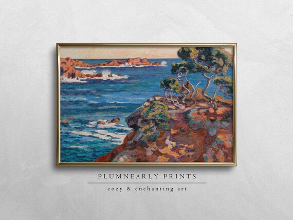 Guillaumin Colorful Coastline Landscape Digital Art Print, Vintage Nautical Teal Aquamarine Blue Green Brown Beach House Maximalist Decor