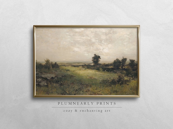 English Country Landscape Oil Painting Digital Art Print, Vintage Rustic Nature Cottagecore Wall Decor, Classic French Countryside Scenery