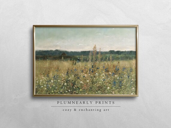 Vintage Wildflower Field Landscape Oil Painting Digital Art Print, Rustic Country Wheat Wall Art, Cottagecore Nature Scene Farmhouse Decor