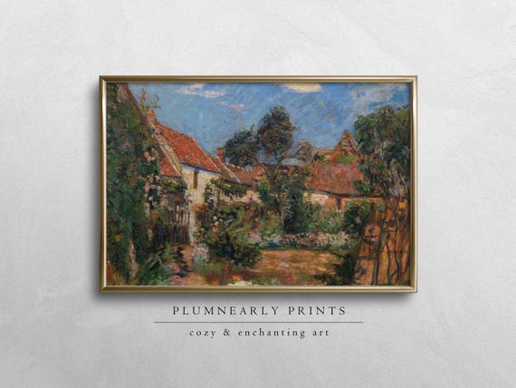 Guillaumin Floral Cottage Garden Landscape Digital Art Print, Impressionist French Country Romantic Forest Olive Green Cinnamon Orange Decor