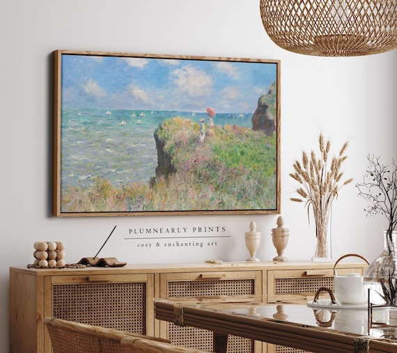 Monet Coastal Cliff Walk Landscape Impressionist Oil Painting Framed Canvas Art