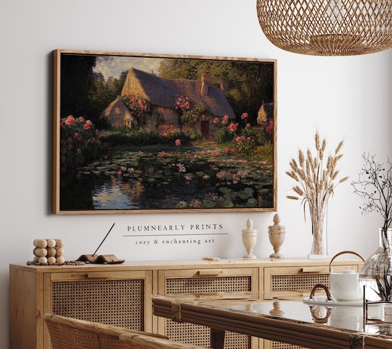 English Cottage Oil Painting Framed Canvas. Rose Garden Wall Art. Summer Cottagecore Canvas Art. Vintage Warm Cozy Cottage Canvas Art Print