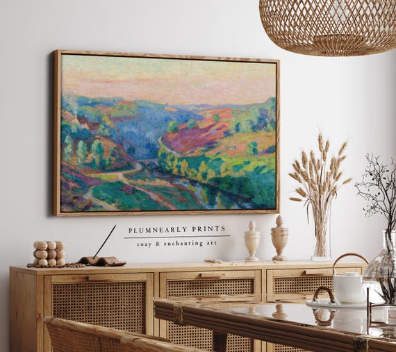 Guillaumin Mountain Valley Landscape Framed Canvas, Bold Maximalist Buttercream Yellow Chartreuse Green Mauve Periwinkle Blue Wall Décor