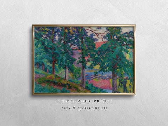 Guillaumin Colorful Forest Painting Landscape Digital Art Print, Maximalist Chartreuse Jungle Green Pink Periwinkle Lavender Purple Decor