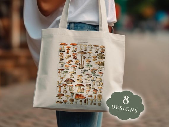 Adolphe Millot Vintage Mushrooms Illustration Poster Canvas Tote Bag, Antique Fungi Botanical Kitchen Decor, Mycology Nature Lover Gift