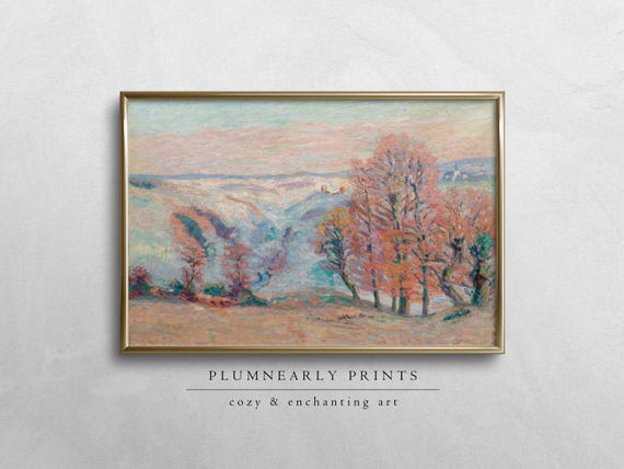 Guillaumin Ethereal Pastel Spring Landscape Digital Art Print, Aquamarine Icy Blue Bubblegum Powder Pink Tangerine Orange Oil Painting Decor
