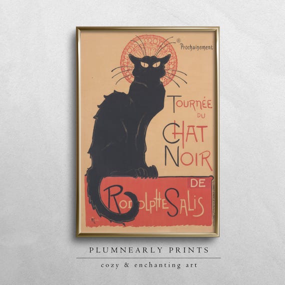 Vintage French Tourney du Chat Noir Poster Digital Art Print, Mustard Yellow Cinnamon Red Black Cat Retro Advert, Classic French Wall Decor