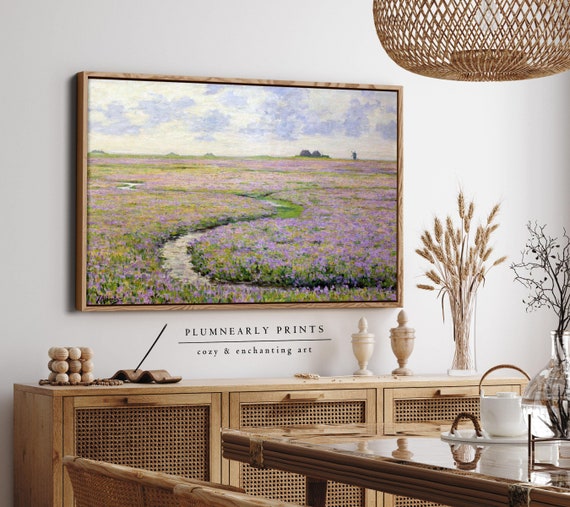 Alberts Wildflower Field Landscape Oil Painting Framed Canvas, Impressionist Lavender Flower Field, Vintage Purple Wildflower Wall Decor