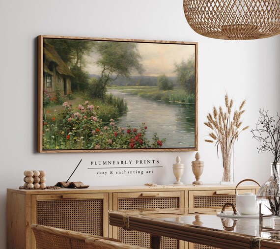 English River Cottage Landscape Oil Painting Framed Canvas, Rustic French Country Cottagecore Art, Neutral Sage Green Floral Wall Decor