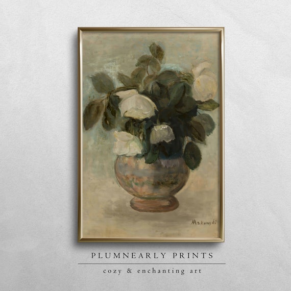 Floral Still Life Oil Painting Art Print Poster, Vintage Classic Flower Wall Art, Antique Roses in Vase, Elegant French Country Home Decor