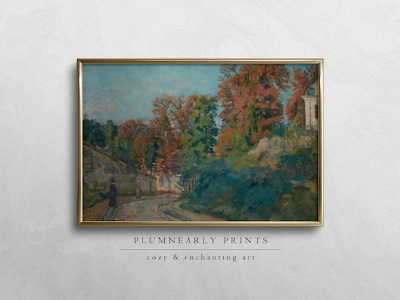 Guillaumin Autumn Road Digital Art Print, Vintage Fall Tree Landscape, Warm Cinnamon Sage Green Decor, Romantic French Country Neutral Art