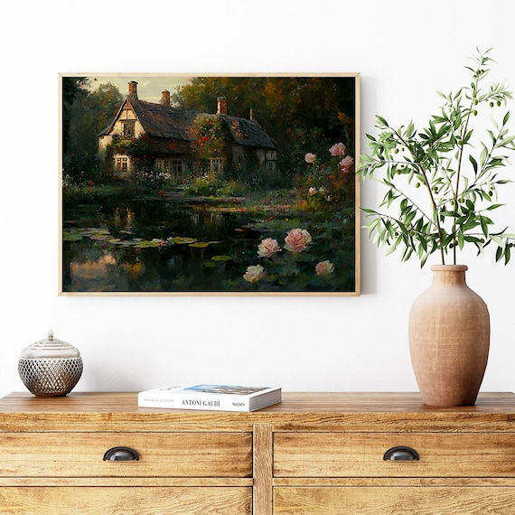 English Cottage Oil Painting Print. Rose Garden Wall Art. Summer Cottagecore Art Poster. Vintage Warm Cozy Cottage Print. Physical Print