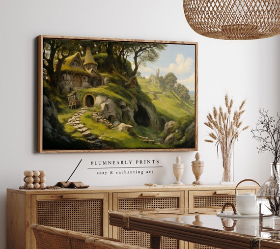Hobbit House Painting Framed Canvas Art, The Shire Fantasy Landscape Wall Art, Enchanted Forest House Print, Whimsical Fairytale Home Decor