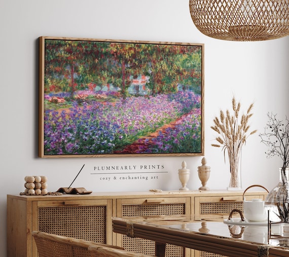 Monet Artist's Garden Landscape Oil Painting Framed Canvas, Colorful Impressionist Flowers, Vibrant Maximalist Purple Floral Home Decor