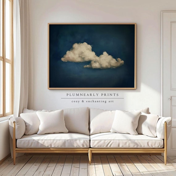 Indigo Blue Cloud Oil Painting Art Print Poster, Abstract Minimalist Sky Art, Modern Dark Blue Wall Decor, Maximalist Living Room Artwork