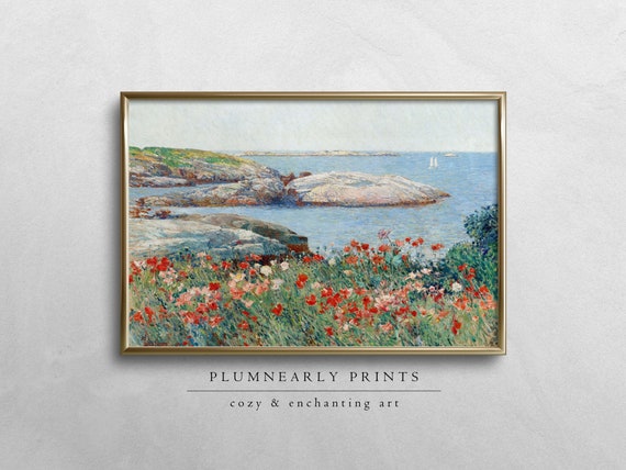 Wildflower Field by the Sea Oil Painting Digital Art Print, Vibrant Impressionist Coastal Landscape, Nautical Ocean Seascape Wall Decor
