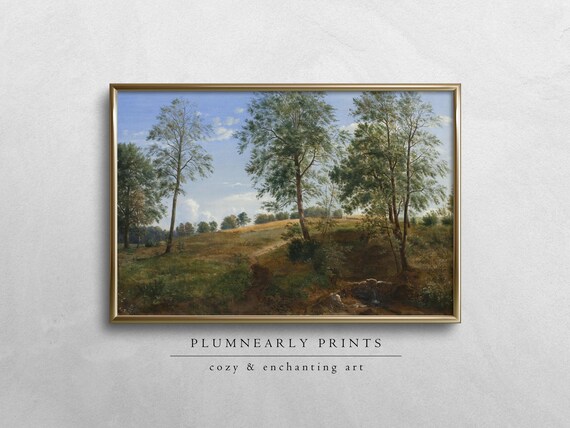 Dreyer Countryside with Trees Digital Art Print, Vintage Forest Landscape Oil Painting, Sage Green Periwinkle Blue Mustard Yellow Wall Decor