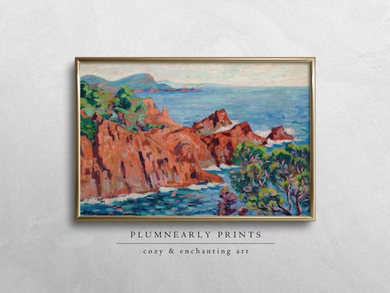 Guillaumin Fauvist Seaside Cliff Landscape Digital Art Print, Colorful Nautical Teal Aquamarine Blue Green Cinnamon Orange Beach House Decor