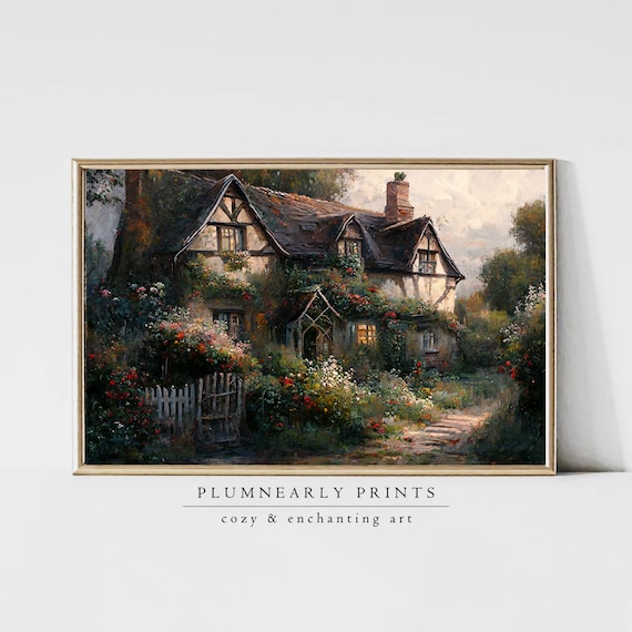 English Cottage Oil Painting. Rose Garden Wall Art. Summer Cottagecore Art. Vintage Warm Cozy Cottage Print. PRINTABLE Digital Download