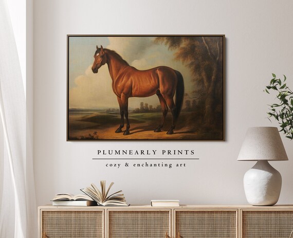 Vintage Horse Portrait Oil Painting Framed Canvas Art, Antique Rustic Farmhouse Wall Art, Classic English Manor Countryside Equestrian Decor