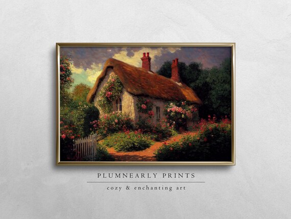 English Cottage Oil Painting Print. Rose Garden Wall Art. Summer Cottagecore Art Poster. Vintage Warm Cozy Cottage Print. Physical Print