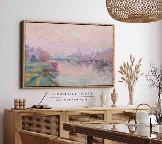 Guillaumin Ethereal Paris Seine River Landscape Framed Canvas, Tea Rose Blush Powder Pink Aquamarine Icy Blue Oil Painting Wall Decor